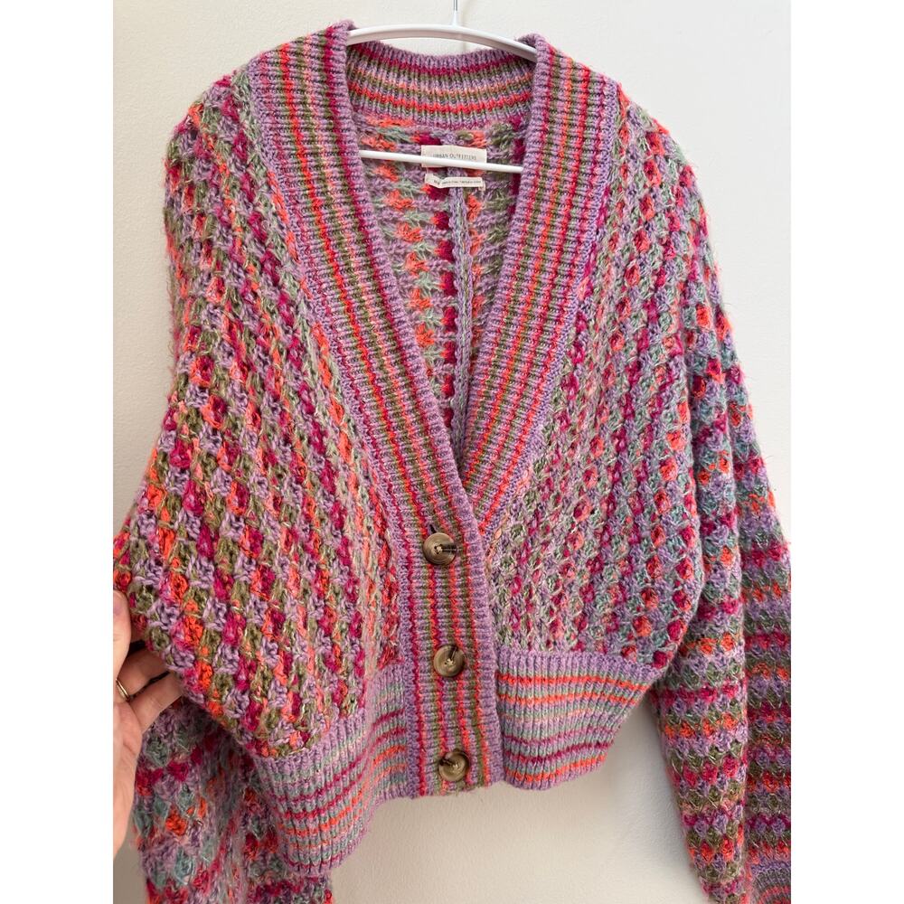 Urban Outfitters Nora Multicolored Cardigan Womens M Pink Purple Crochet Cropped - Picture 10 of 10